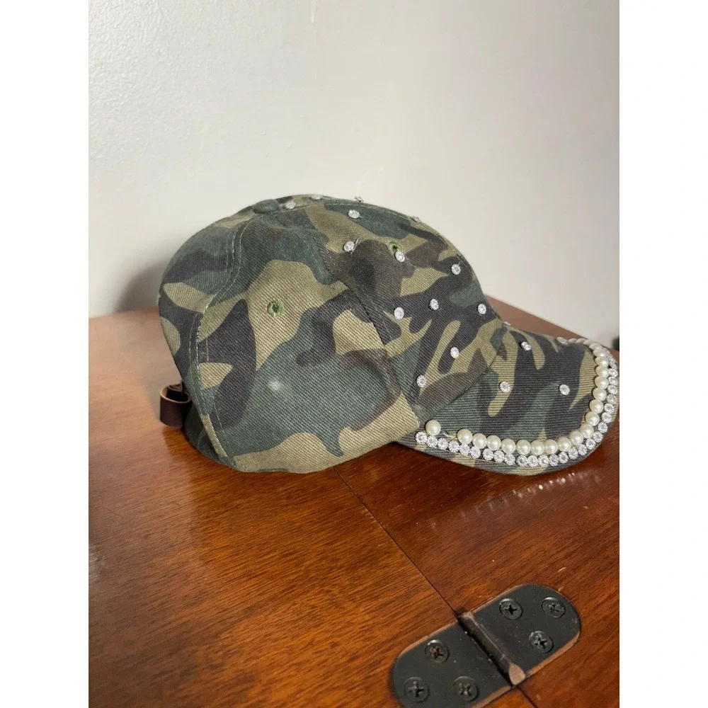 Camo Baseball Hat Womens Sz OS Green Rhinestone Pearl Excellent Bling‎